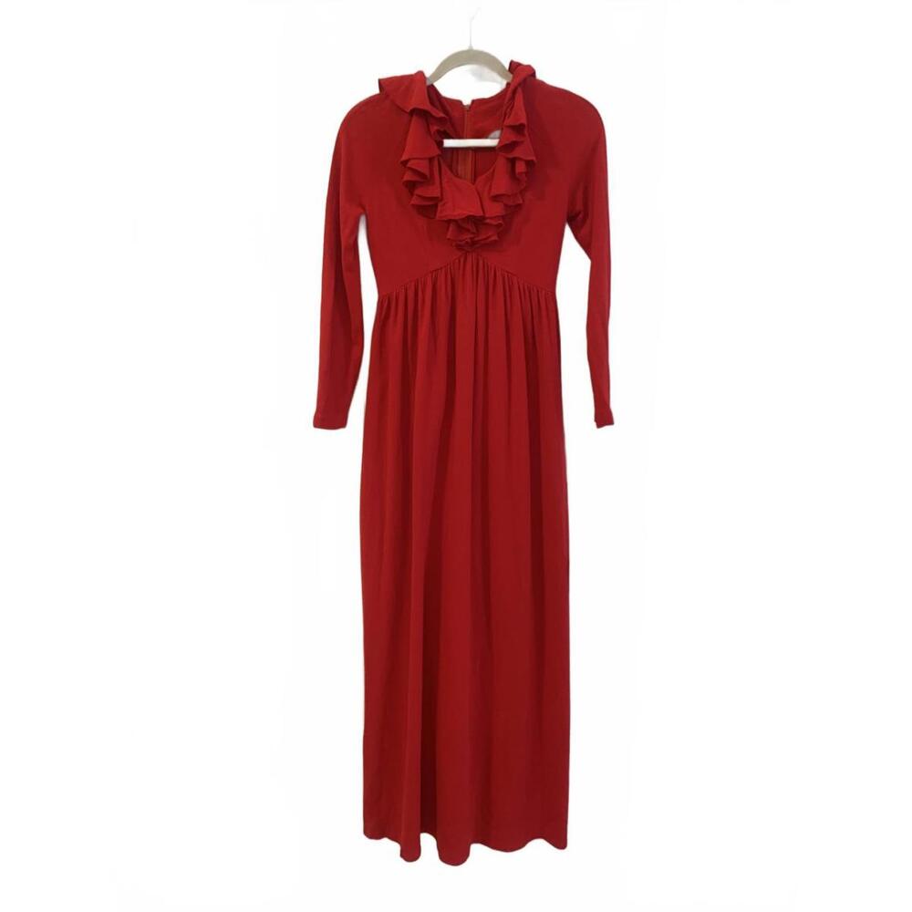 Vintage Montgomery Ward Red Long Sleeve Maxi Dress with Ruffle Collar